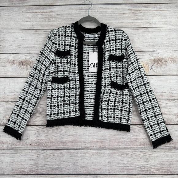 Zara Boucle Beaded Plaid Open Front Jacket Womens Small Black White Fringed NEW - Picture 1 of 11